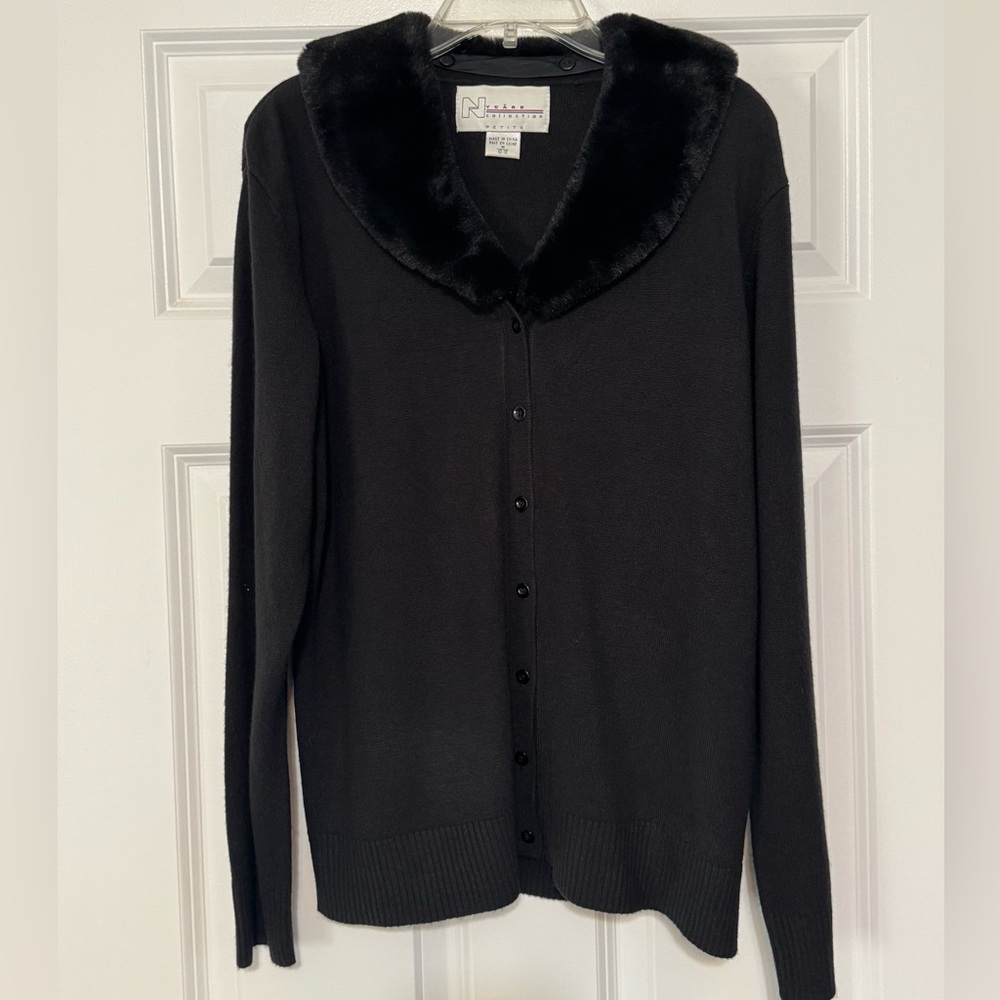 Vintage 90s Nygard Collection Removable Faux Fur Collar Black Cardigan Petite M